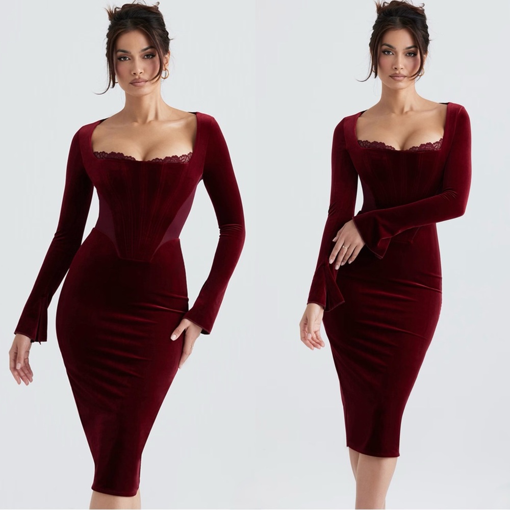 House of CB Solaine Wine Velvet Corset Dress - Picture 8 of 16